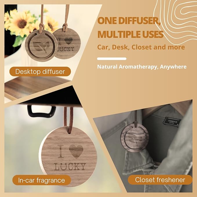Lavender & Eucalyptus Essential Oils with Wood Car Diffuser | 100% Pure & Natural | Aromatherapy Set for Relaxation, Breathing, and Stress Relief | Hanging Diffuser with Leather Strap
