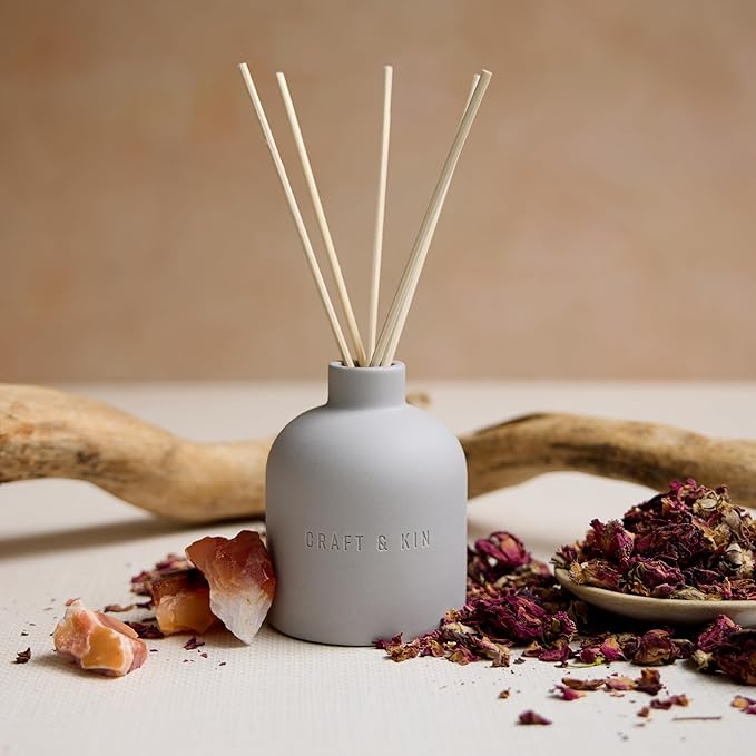 Craft & Kin Reed Diffuser for Home & Bathroom – Rose & Oud Holiday Reed Diffuser Set with Fragrance Sticks, Long-Lasting Alcohol-Free Scent, Earthenware Collection, 6.7oz