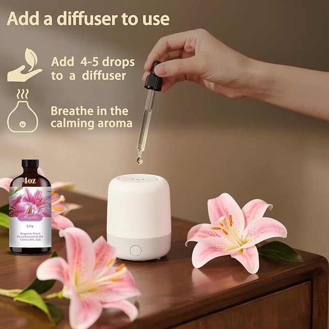 Lily Essential Oil – MLYNKL Lily Oils 4.33 fl oz for Diffusers, Humidifiers, Massage, DIY Candles, Soap, Cleaning, Home, Yoga, Office, Gifts - 130 ml