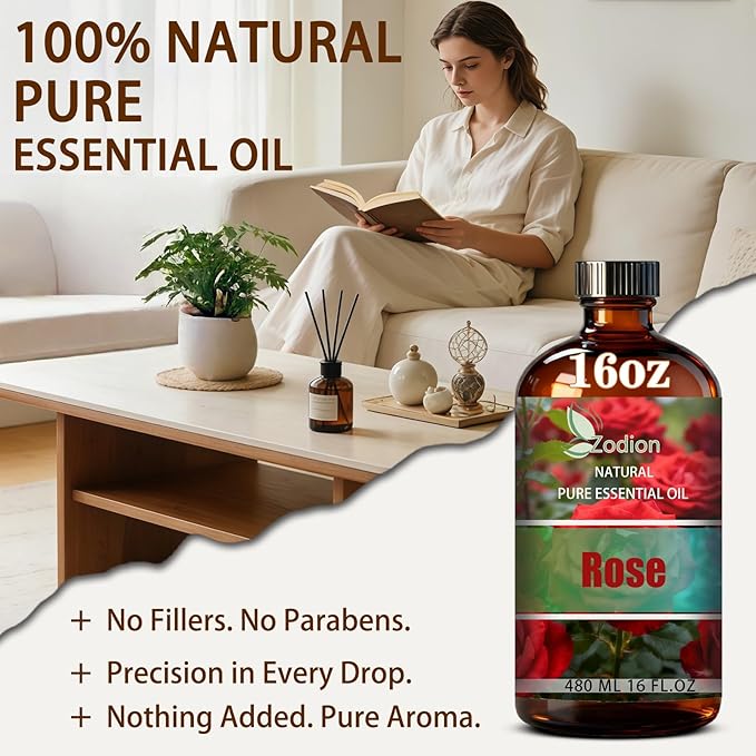 Rose Essential Oil, 16 fl oz (480ml) - ZODION Rose Fragrance Oil for Diffuser, Massage, Humidifier, DIY Candle, Soap Making, Home, Bath, Yoga