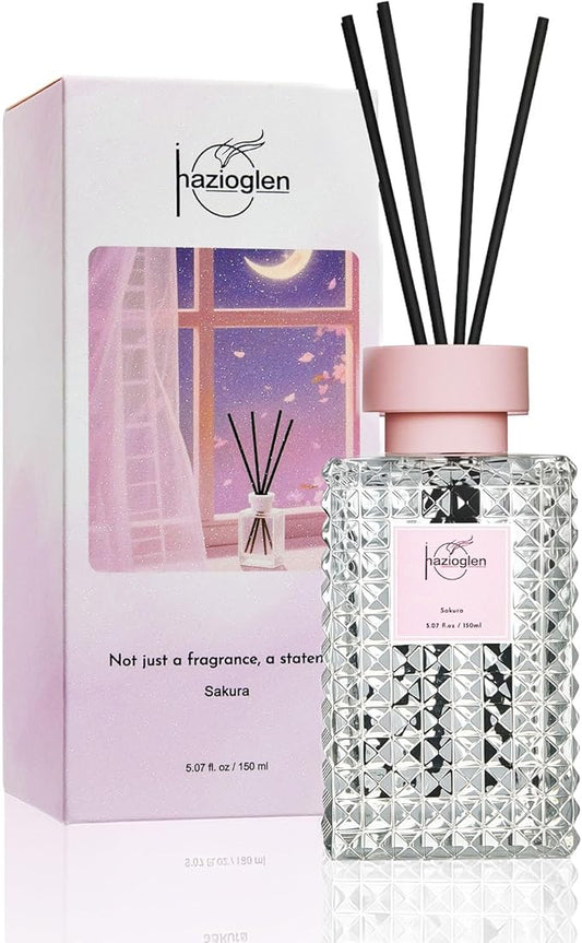 Reed Diffuser Set, Sakura Scented Home Fragrance Air Freshener for Bathroom Shelf Decor, 5.07 fl oz/150ml Essential Oil with Sticks