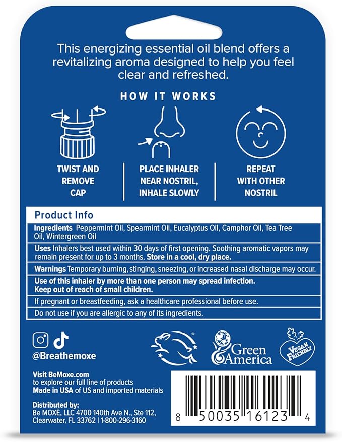 MOXE Migraine Relief Nasal Inhaler, Essential Oils for Headaches & Tension Relief, Portable Aromatherapy, Easy-to-Use, Pure & Undiluted, Peppermint, Spearmint, Eucalyptus, Tea Tree, USA Made, 1 Pack