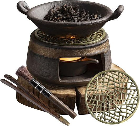 Cedar Aromatherapy Burner & Ceramic Oil Warmer for Home & Office (Heat-Resistant Double-Handled Baking Tray + Stone-Patterned Oven + Old elm Wood mat + Accessories)