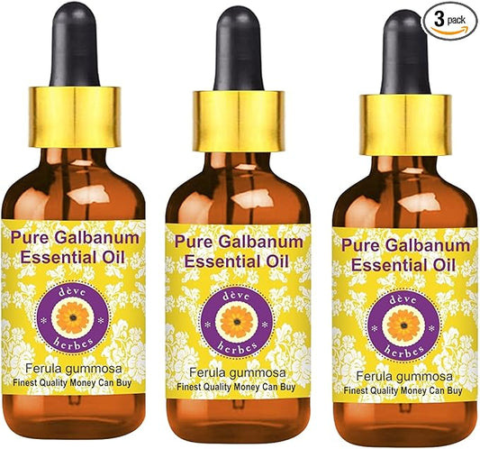 Deve Herbes Pure Galbanum Essential Oil (Ferula gummosa) with Glass Dropper Steam Distilled (Pack of Three) 100ml X 3 (10 oz)