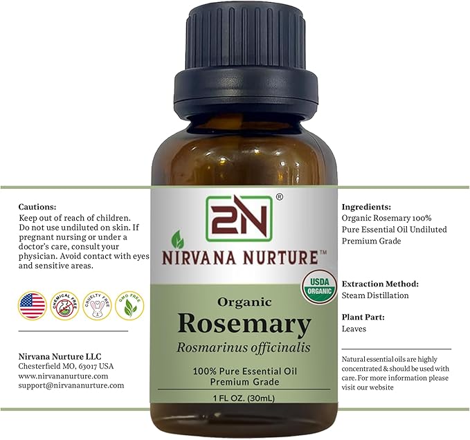 Rosemary Essential Oil, USDA Certified Organic, 100% Pure Undiluted, Aromatherapy Oil for Diffuser, Hair & Skin Care