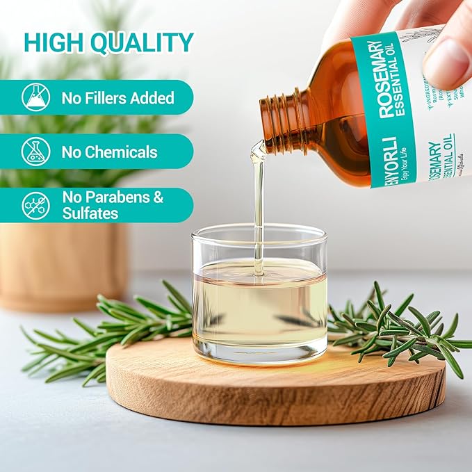 Rosemary Essential Oil with Glass Dropper 3.38 fl oz, 100% Natural Oil for Hair Care, Scalp Massage, Diffuser, Aromatherapy, Soap and Candle Making, Self Care Use
