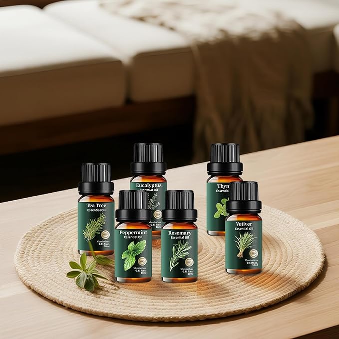6 Pack Pure Essential Oils Set, Natural Eucalyptus, Peppermint, Tea Tree, Rosemary, Thyme, Vetiver for Aromatherapy Diffuser, Humidifier, Skin & Hair Care, Candle & Soap Making, 6x10ml Mumianhua