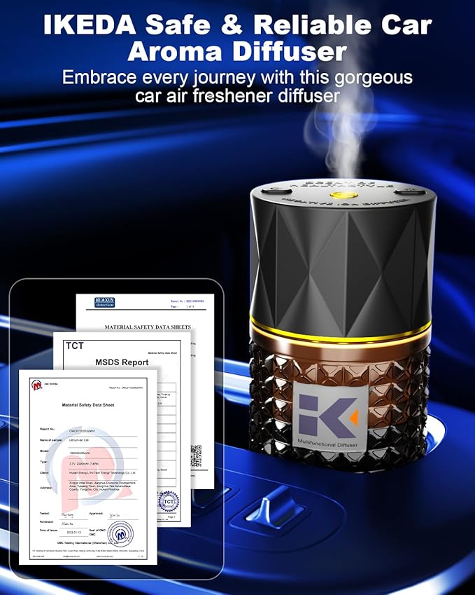 Smart Car Air Freshener | Negative Ion Car Aroma Diffuser | Car Air Freshener Diffuser with 3 Switchable Modes | Car Diffuser Auto Power-Off When Waterless | Glass Diffuser for Car, by Ikeda (Black)