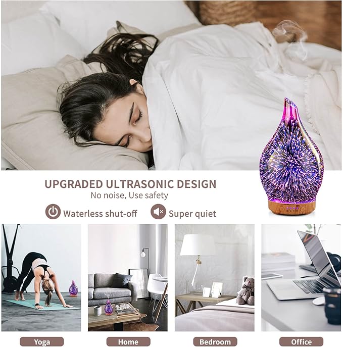Porseme Essential Oil Diffuser Hand-Blown Glass Aroma Diffusor, Aromatherapy Unltrasonic Cool Mist deffuser, 7 Color Changing, Waterless Shut-Off, Timer Function for Home Office(150ml, Rose Gold)