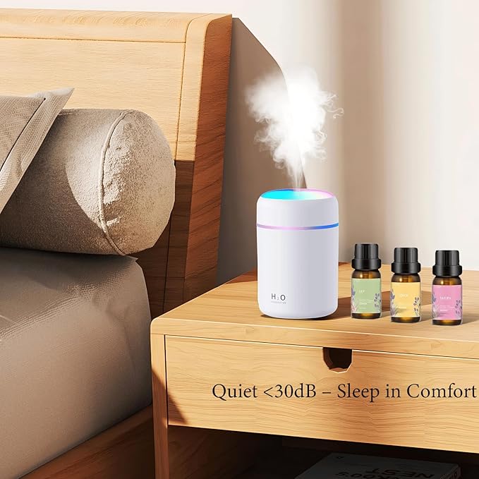 USB Essential Oil Diffuser with 6 Oils, Portable Ultrasonic Aromatherapy Diffuser for Home & Car, Cool Mist, 7-Color LED Night Light, Auto Shut-Off, One-Button Control,3 Colors (Grey)