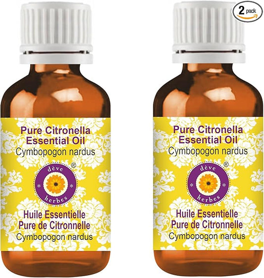 Deve Herbes Pure Citronella Essential Oil (Cymbopogon nardus) Steam Distilled (Pack of Two) 100ml X 2 (6.76 oz)