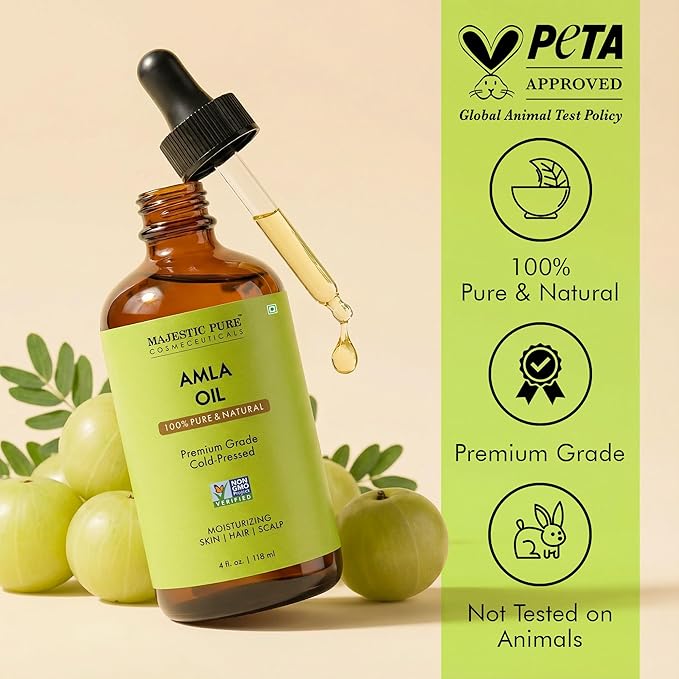Majestic Pure Amla Oil 4oz (118ml) Premium Carrier Oil with Dropper for Hair Care, Hair Oiling, Scalp Massage, & Skin Care