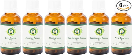 R V Essential Pack of 6 Aroma Oil Set Rose Jasmine Musk Sandalwood Lemongrass Vanilla 100% Pure Natural for Aromatherapy Spa Relaxation Skin Hair Candle Diffuser Gift Set DIY Blends 10ml (0.338oz)