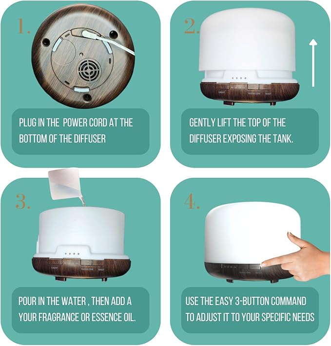Mystic Romance Essential Oil Diffuser, 500ml Aromatherapy Humidifer and Nigth Ligth for Relaxing Atmosphere in Home Office Yoga and Spa, for Everyone, Auto-Off Safety Switch. Dark Wood