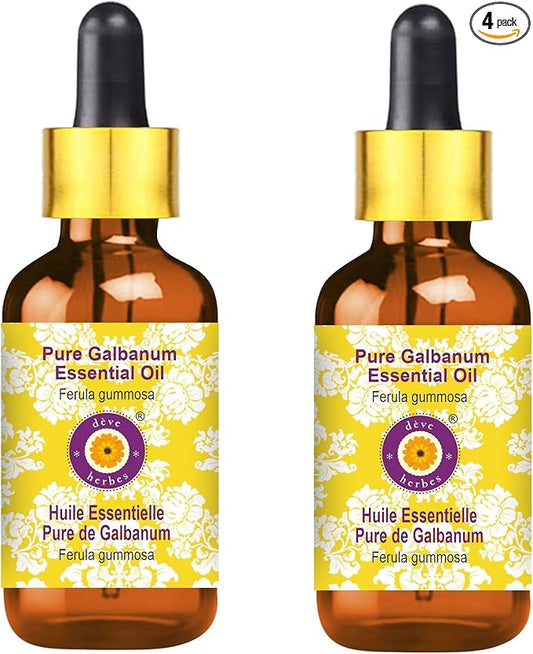 Deve Herbes Pure Galbanum Essential Oil (Ferula gummosa) with Glass Dropper Steam Distilled (Pack of Two) 100ml X 2 (6.76 oz)