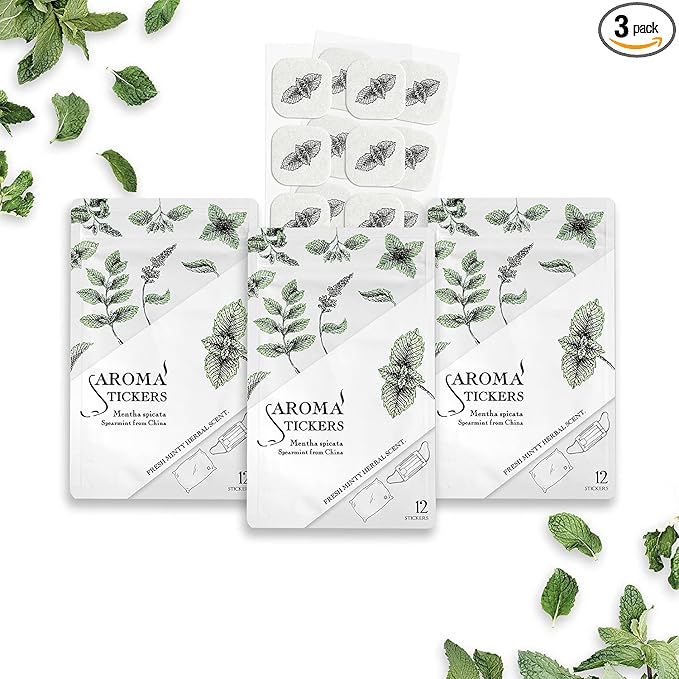 AROMA STICKERS® (Spearmint, Pack of 3) - 100% Natural Essential Oil Scented - Sticker Diffuser for Personal Space - Face Mask & Pillow - Refreshing & Focus (Pack of 3, 36 Stickers in Total)