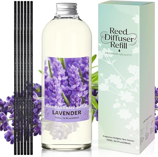 STRN Lavender Reed Diffuser Refill 500ml with 6 Natural Reed Sticks, Premium Aromatherapy for Home, Long-Lasting Fragrance for Living Room, Bedroom, Office | Alcohol-Free
