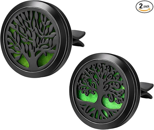 KVAEY 2PCS 30mm Car Diffuser Vent Clips, Tree of Life Aromatherapy Essential Oil Diffuser Locket with 12 Felt Pads, Stainless Steel Car Diffuser Locket Air Freshener (Black)