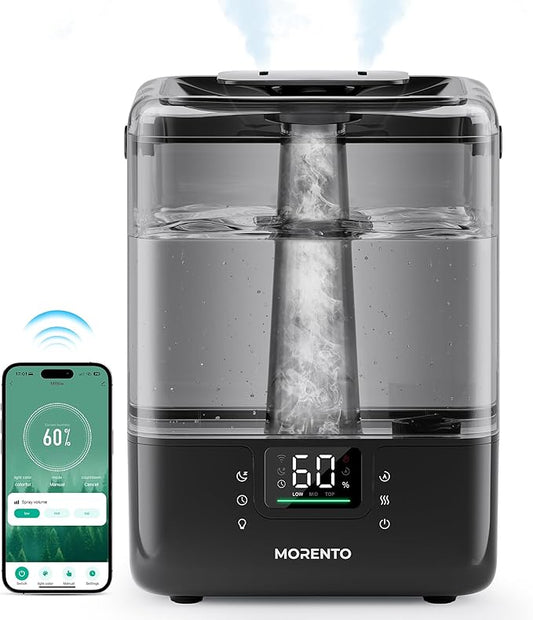 MERONTE Smart Humidifiers for Bedroom Large Room Home, 6L Cool Mist Top Fill Humidifier with Essential Oil Diffuser, Smart App & Voice Control, for Nursery & Plants, Black, 1 Pack + 7 Color NightLight