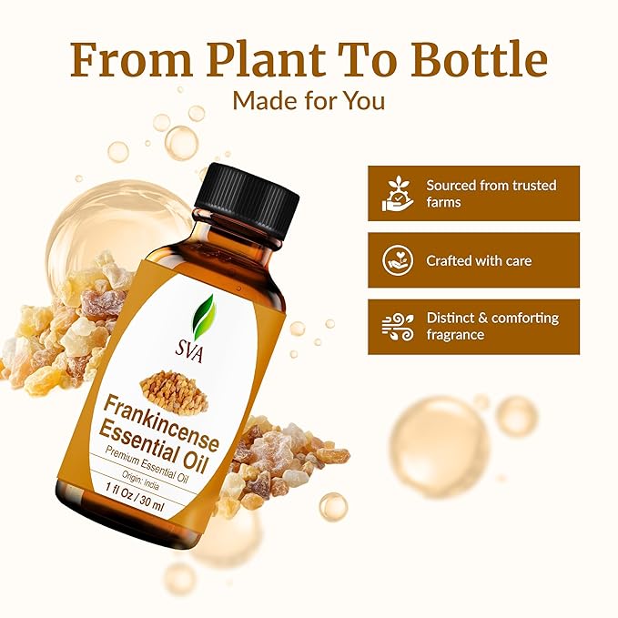 SVA Frankincense Essential Oil – 1 Fl Oz – 100% Natural Boswellia Serrata Oil - for Diffuser, Hair Care, Face, Skin Care, Aromatherapy, Scalp and Body Massage, Soap and Candle Making - with Dropper