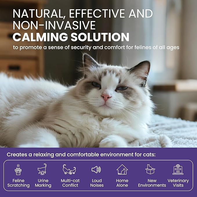 Cat Calming Pheromone Diffuser Starter Kit for Multi-Cat Plug-in + 2 Refills (48ml), Odorless Drug-Free Anxiety Relief – Stops Meowing, Scratching, Fighting, 2-Month Supply