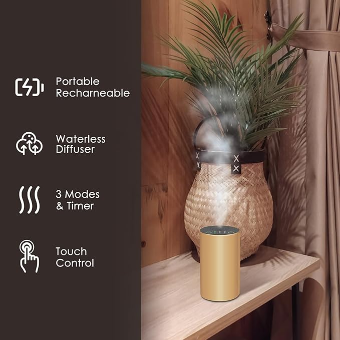 Waterless Essential Oil Diffuser, 7 Colors LED Light, Battery Powered Mini Scent Air Machine, Aromatherapy Mist Diffuser for Home Room Car Office，Black Aluminum Alloy (Gold)