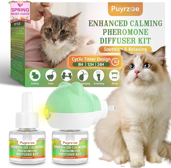 puyrzoe Cat Calming Diffuser with Timing Function, 3-in-1 Cat Pheromones Calming Diffuser Kit, 60-Day Anxiety Relief, Stress Relaxation Cat Pheromone Diffuser for All Cats (1 Diffuser + 2 Refills)
