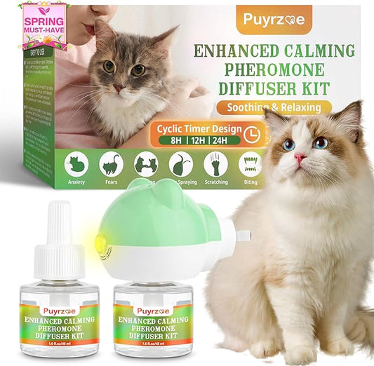 puyrzoe Cat Calming Diffuser with Timing Function, 3-in-1 Cat Pheromones Calming Diffuser Kit, 60-Day Anxiety Relief, Stress Relaxation Cat Pheromone Diffuser for All Cats (1 Diffuser + 2 Refills)
