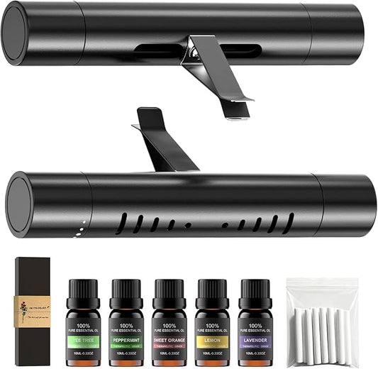 2pcs Car Air Freshener Diffuser Vent Clips, Premium Gift Set with 5 Different Essential Oil (0.34oz Each) & 12 Refill Sticks, Car Diffuser Packaging for Office, Kitchen, Bathroom