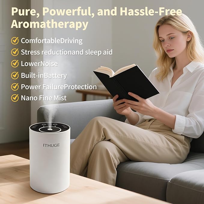 Waterless Essential Oil Diffuser, Portable Nebulizer with 3 Intensity Levels, Battery Powered for Car Home Office (Black)