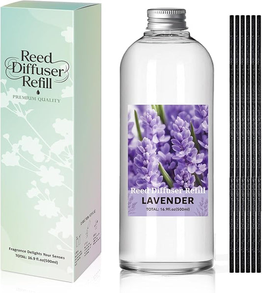 SCENTORINI Reed Diffuser Oil Refill, 16.9oz Natural Lavender Scented Essential Oil with 6 Sticks, Long Lasting Home Fragrance for Large Space, Bathroom, Spa Room Aromatherapy, Hotel & Office Decor