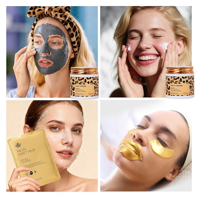 32 Pcs Mother's Day Gift for Mom, Leopard Facial Skin Care Set for Women, Home Spa & Self-Care Kit, Bath and Body Gift Basket Set, Face Sheet Mask, Wife, Birthday, Christmas, Valentines, Anniversary