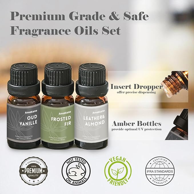 AmaKane Winter Fragrance Oil, Holiday Diffuser Oil Scents, Candle Scents for Candle Making, Soap Making Scents, Oud Vanille, Frosted Fir, Leather Almond and More Essential Oils 6x10ml