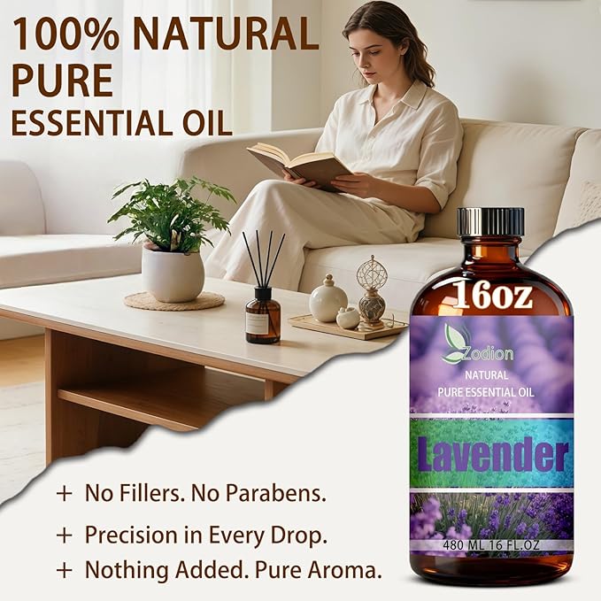 Lavender Essential Oil, 16 fl oz (480ml) - ZODION Lavender Fragrance Oil for Diffuser, Massage, Humidifier, DIY Candle, Soap Making, Home, Bath, Yoga