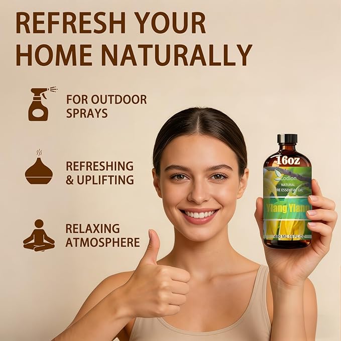 Ylang Ylang Essential Oil, 16 fl oz (480ml) - ZODION Ylang Ylang Fragrance Oil for Diffuser, Massage, Humidifier, DIY Candle, Soap Making, Home, Bath, Yoga