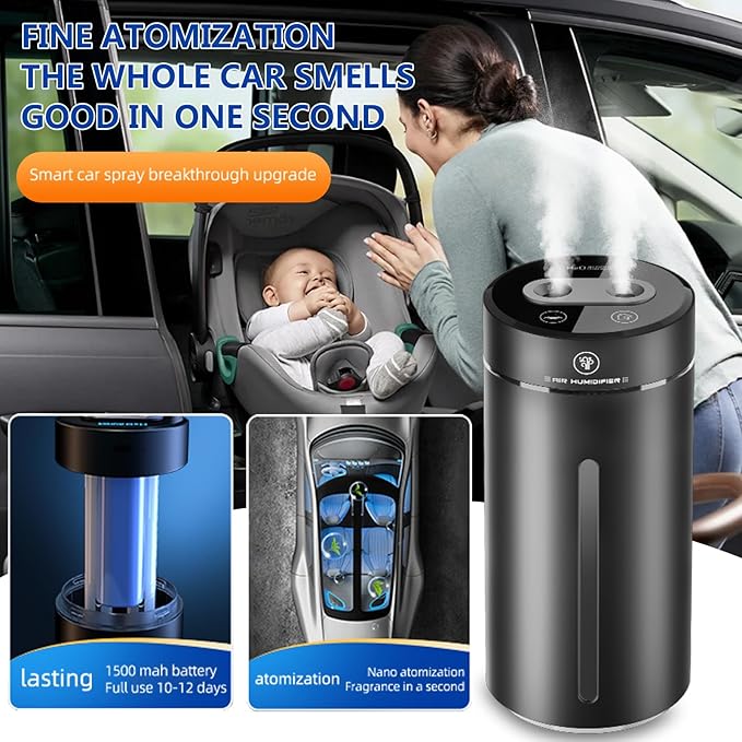 Smart Car Air Freshener, Car Air Freshener Diffuser with Humidifier, Auto On/Off, 3 Mode Adjustable, with 4 Essential Oils(Gun Color)
