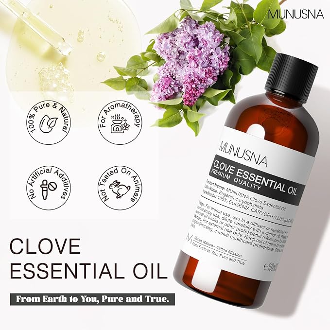 Clove Essential Oil, 100% Pure Natural Clove Oil for Oral Care, Teeth & Gums Care, Aromatherapy, Diffuser, Skin, Body, Soap and Candle Making, 100ML