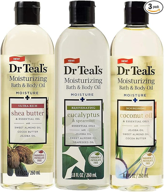 Dr. Teals Bath & Body Oil Variety Gift Set (3 Pack, 8.8oz Ea.) - Rejuvenating Eucalyptus, Ultra Rich Shea Butter, & Nourishing Coconut Oil - Essential Oils Hydrate Skin & Alleviate Stress