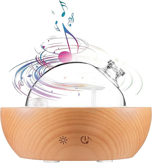 Glass Essential Oil Diffuser,Real Wood Base,Bluetooth Speaker,2025 Upgrade Aromatherapy Diffuser,Aroma Diffuse with Music Player,LED Light in 7 Colors，Home Office Bedroom（Non-Glass Reservoir）