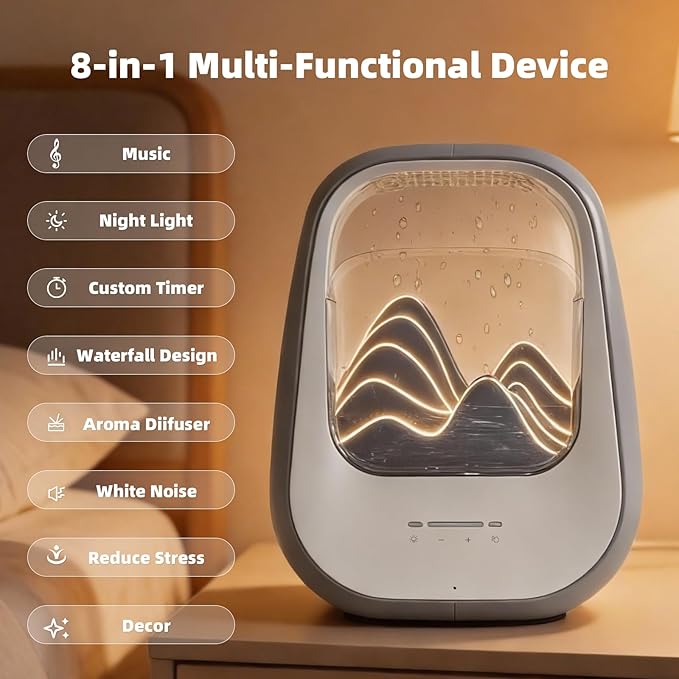 8-in-1 White Noise Sound Machine with Aroma Diffuser, Rain Sound Machine for Sleeping, Stress Relief, Waterfall Sound Machine Night Light Timer for Bedroom Office Home Decor, Gray