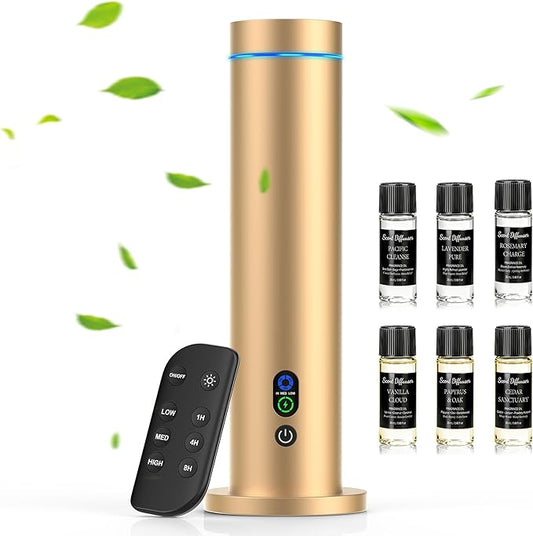 Maromalife Waterless Diffuser, Essential Oil Diffuser, 1000 Sq.Ft Coverage Scent Diffuser – Plug-in Only, Adjustable Mist, Remote, Mood Lights for Home & Office, Large Room, Hotel, Gold