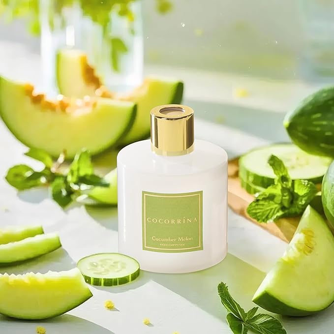 COCORRÍNA Reed Diffuser - Cucumber Melon 6.7 fl oz Reed Diffuser with Sticks, Bedroom Bathroom Shelf Decor