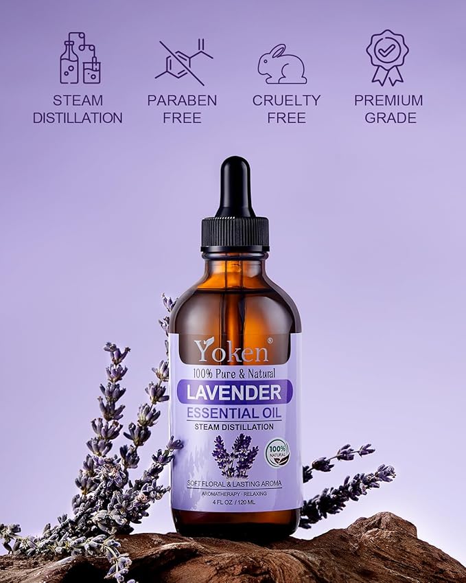 Yoken Lavender Essential Oil, 4 fl oz, Steam Distilled, Concentrated Formula with Soft Balanced Aroma, Without Added Fragrance