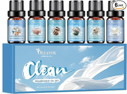 Clean Essential Ois for Laundry, Fragrance Oil for Diffuser for Home,Candle & Soap Making, Fresh Linen, Fresh Cotton, Laundromat, Blossom Soap,Pure White Comfort, Fluffy Towels, Strong Scented Oils