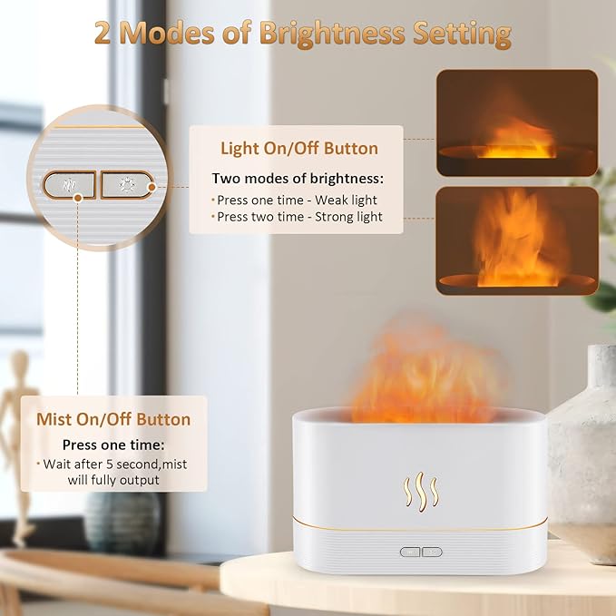 Flame Diffuser Humidifier-Auto Off 180ml Essential Oil Diffuser-2 Modes Brightness Aroma Humidifier with Fire Flame Effect for Home,Office,Spa,Gym(White)…