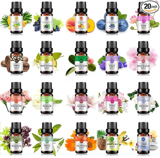 20-Pack 100% Pure Essential Oil Set(Blueberry,Neroli,Coffee,Lotus,Peach,CherryBlossom,Calendula,Marjoram,Grape,Magnolia,Tuberose,Honeysuckle,Peony,Coconut Vanilla,Violet and Others)