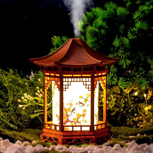 Zen Pavilion Lantern Aroma Diffuser & Night Light - 160ml Essential Oil Diffuser with 2 Mist Modes - Japanese Style Zen Garden Humidifier for Yoga, Meditation, Spa & Sleep - Warm/White Light (Light)