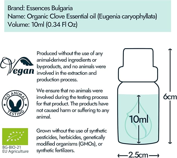 Essences Bulgaria Organic Clove Essential Oil 0.34 Fl Oz | 10ml | Eugenia caryophyllata | 100% Pure and Natural | Undiluted | Therapeutic Grade | Aromatherapy | Cosmetics | Cruelty Free | Non-GMO