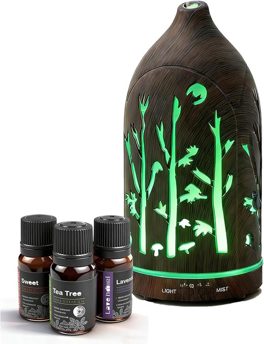 Essential Oil Diffuser,7.1''x3.5'' Air Diffusers with 3 Aromatherapy Oils Set,Small 200ml Humidifier with 7 LED Colors Lights,Waterless Auto-Off for Desk Office Home Decor Gift(Tree Dark Wood Grain)