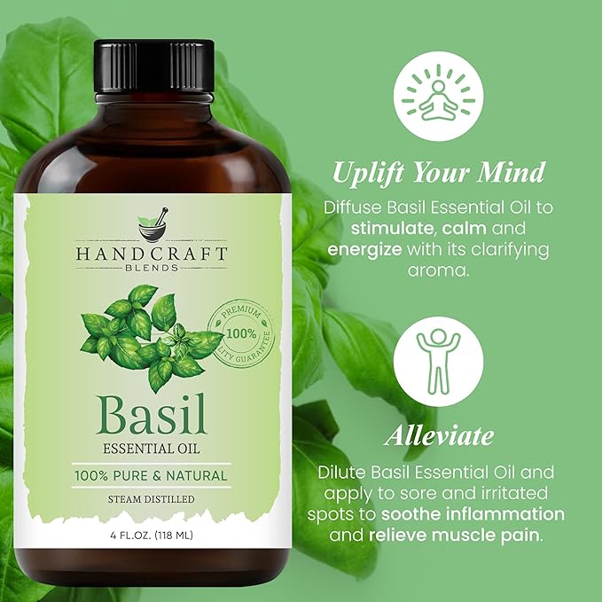 Handcraft Blends Herbal Focus Set: Peppermint and Basil Essential Oils – (2 x 4 Fl Oz) – 100% Pure & Natural – for Diffuser, Aromatherapy, and DIY Projects